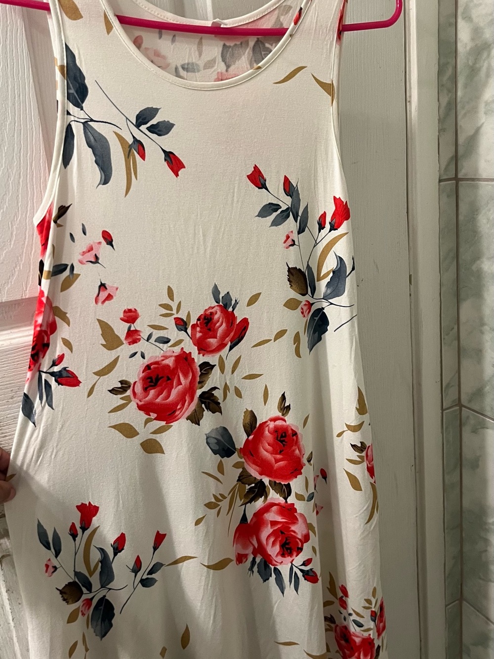 Floral White Sleeveless Mini Dress with Red Rose Print